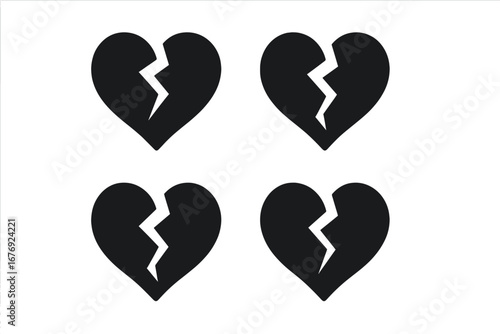 Broken heart icon set. Metaphor for heartbreak, divorce, lost love. Concept of sadness, relationship problems, pain. Unhappy Valentine's Day. End of love. Emotional grief.
