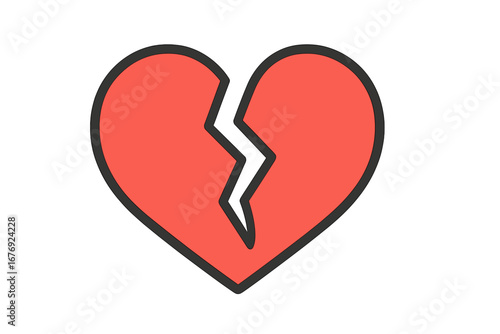 Broken heart icon, symbol of heartbreak, lost love, and sadness. Relationship problem, divorce, pain concept. Unhappy valentine. Simple flat cartoon vector illustration. Minimalist.