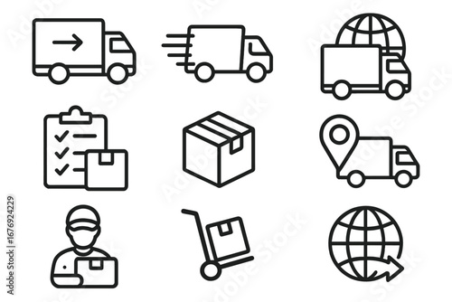 Delivery and transport line icon set. Logistics, shipping, and freight vector symbols. Includes truck, package, tracking, courier, and international cargo outline icons.