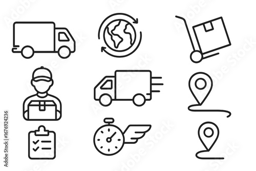 Delivery and transport line icon set. Logistics, fast shipping, worldwide distribution service concepts. Vector outline icons of truck, courier, tracking, package for web.