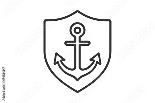 Anchor shield line icon. Naval, maritime security and safety symbol. Sea, marine or navy protection logo. Coast guard or sailor defense sign. Vector outline illustration.