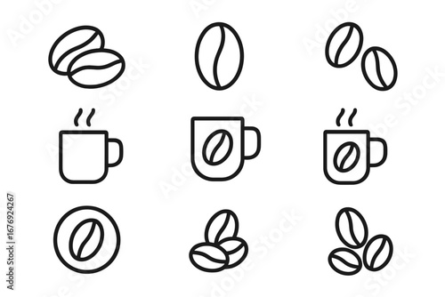 Coffee line icon set. Vector collection of isolated coffee bean and cup outline symbols. Hot drink pictogram bundle for cafe menu, web design, app, logo, and beverage signs.