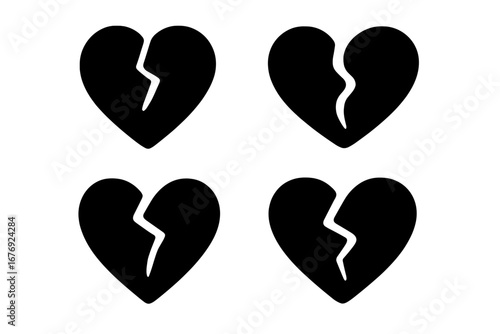 Set of broken heart icons. Vector graphic symbol of heartbreak, love and loss. Sadness, separation or divorce concept. Simple black silhouette illustration for web and design.