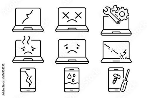 Broken device line icon set. Laptop and phone repair vector signs. Cracked screen, water damage, overheating, error concepts. Gadget maintenance and technical support symbols.