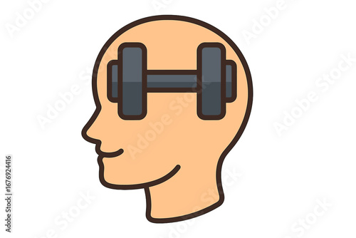 Concept of strong mindset and mental power. Dumbbell inside a human head symbol of brain training, discipline, willpower and self improvement. Psychology vector illustration.