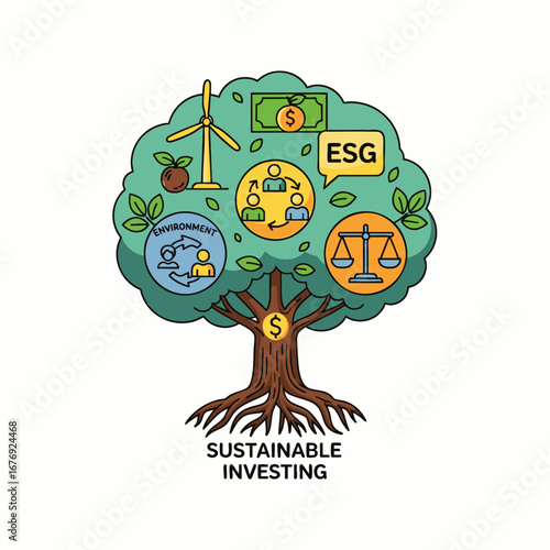 This illustrative graphic depicts the core principles of sustainable investing, showcasing environmental, social, and governance factors within a vibrant, growing tree symbol.