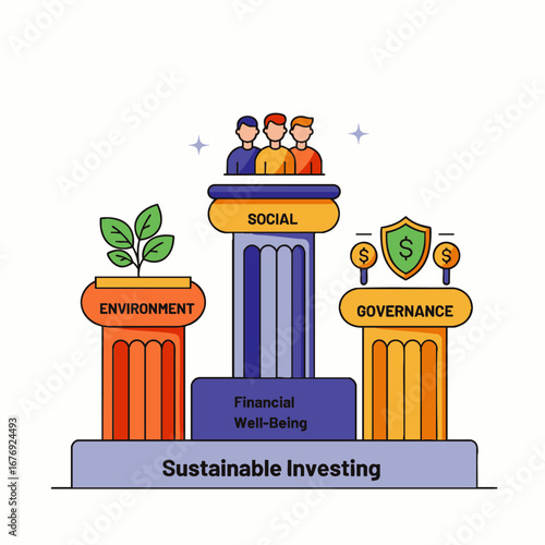 This modern illustration clearly depicts the Environmental, Social, and Governance (ESG) pillars, foundational for sustainable investing and financial well-being.