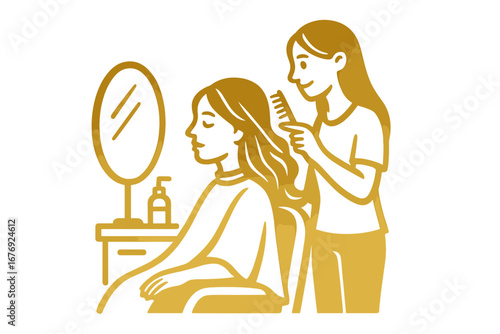 Hairstylist combing woman's hair in beauty salon. Professional hairdresser with client. Golden line art vector illustration for hair care, styling, glamour, wellness concept.
