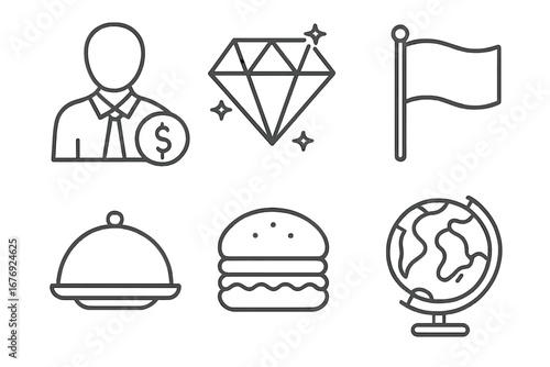 Business, finance, food and travel icon collection. Thin line vector set with editable stroke. Includes businessman, diamond, flag, globe, burger, and serving dome icons.