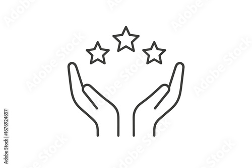 Hands holding stars line icon. Concept for quality service, customer review, and rating. Symbol for excellence, positive feedback, satisfaction, value, success, and award. Vector.