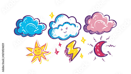 Cartoon weather icons with playful style comic
