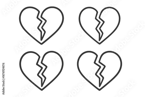 Set of broken heart icons. Vector outline symbol of heartbreak, divorce, and lost love. Sadness and relationship problem concept. Simple illustration for web and print.