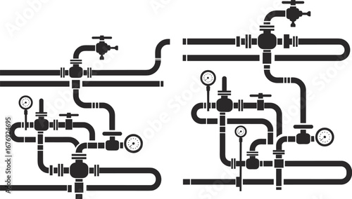Industrial pipeline system with valves, pressure gauges, plumbing layout, gas and oil pipe structure, black and white vector illustration