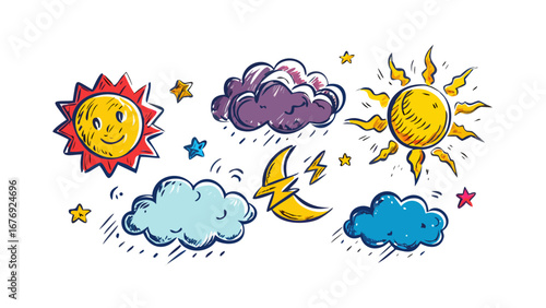 Cartoon weather icons with sun moon and clouds stars