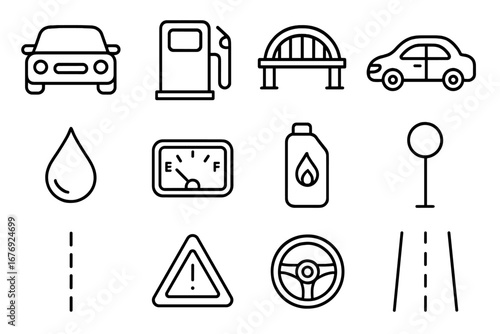Car and transportation line icon set. Gas station, road signs, fuel, oil, and automotive service symbols. Vector outline icons for web, app, infographics, and travel design.