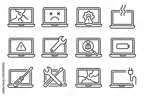 Broken laptop line icon set. Computer repair service, diagnostic signs. Vector collection of thin outline symbols for web design. Damaged screen, virus bug, battery, error.