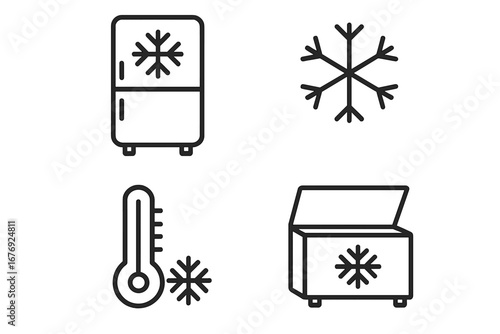 Cold storage line icon set. Refrigerator, chest freezer, snowflake, and thermometer symbols. Minimal vector icons for food preservation, cooling and freezing concepts.