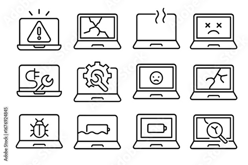 Laptop repair line icon set. Broken computer service, device maintenance vector signs. Diagnostics, troubleshooting, hardware failure, cracked screen, battery, virus bug symbols.