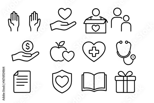 Charity and Gift Vector Icons. Healthcare, Education, Donation, Protection and Wellness. Modern Line Art Outline Set for Web, Graphic, App or Card Design. Volunteer, Support, Giving, Gift Concepts