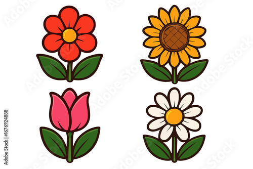 Set of cute cartoon flower icons. Vector illustration pack with sunflower, tulip, daisy, and camomile. Simple flat floral elements for spring or summer design, sticker, or logo.