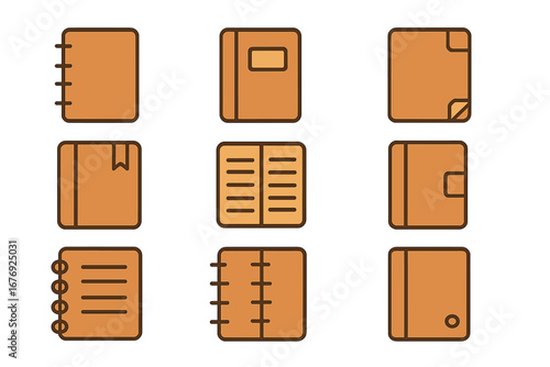 Notebook and diary color outline icon set. Collection of linear pictograms for web and graphic design. Minimalist vector illustration of book, planner, journal for school.