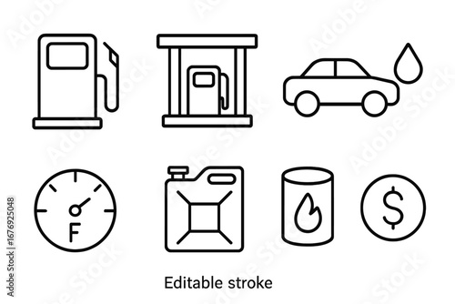 Gas station line icon set. Fuel pump, car refueling, diesel canister, and oil barrel pictograms. Editable stroke vector symbols for transportation and the energy industry.