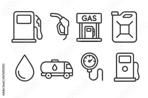 Gas station line icons. Fuel pump, petrol, nozzle, canister, oil drop, tanker symbols. Automotive service, energy industry concept. Minimalist vector illustration set, editable stroke.