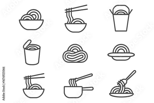 Noodle and pasta icon set. Vector line icons of ramen, spaghetti, asian food. Minimalist pictograms for restaurant menu, cooking blog, food delivery app, takeout box concept.