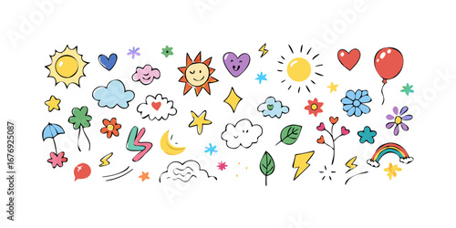 Cheerful doodle icons heart cloud