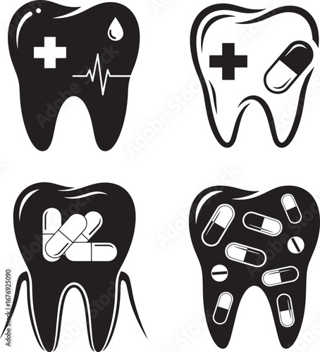 Dental health care vector illustration set, tooth medicine and treatment icons, dentist clinic medical design
