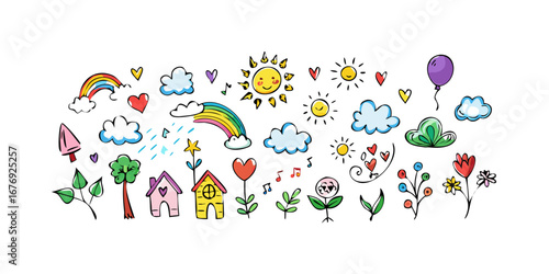 Cheerful nature and house doodles rainbow clouds