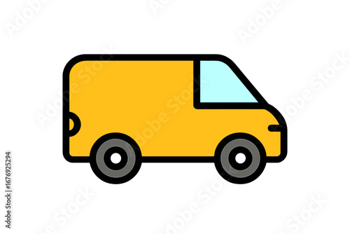 Yellow van delivery icon. Commercial vehicle for cargo, shipping, and logistics. Transport service concept. Minibus symbol. Flat minimalist cartoon vector illustration for web.