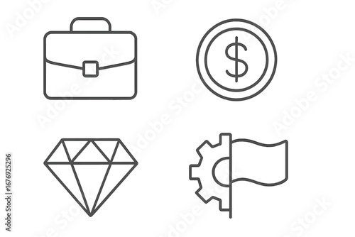 Business and finance line icon set. Briefcase, money coin, diamond and gear flag icons. Vector pictograms for success, value, goals, and web design. Minimalist UI symbols.