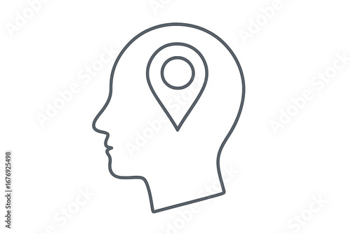 Human head with location pin. Concept of local business, mindset, native advertising, geotargeting, destination. Psychology of place, mind mapping, finding a location.