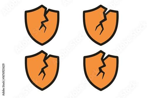 Cracked shield icon vector. Broken protection symbol. Vulnerability and risk concept. Security failure, data breach metaphor. Unsafe defence pictogram for interface and app.