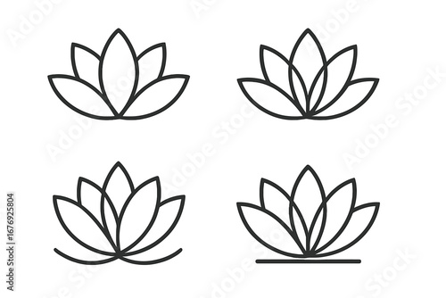Lotus flower icon set. Line art logo template for yoga, spa, beauty, and wellness. Simple outline vector illustration. Meditation, zen, harmony, and spiritual symbol design element.