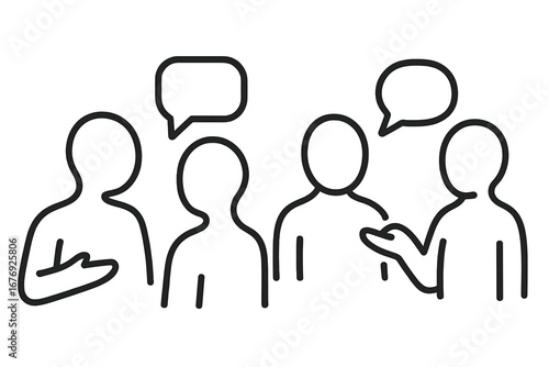 Group of faceless people talking. Minimalistic line icon for communication, teamwork, and discussion. Vector illustration of a meeting, social interaction, or community forum.