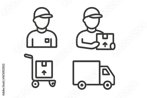 Delivery service line icon set. Logistics and shipping concepts. Courier, postman, package, box, freight truck, handcart. Fast delivery symbols for e-commerce, web, and apps.