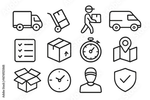 Delivery logistics and transport line icon bundle. Courier truck, parcel shipping, express delivery, tracking, stopwatch, map pin, checklist, open box. Outline vector set for web business apps