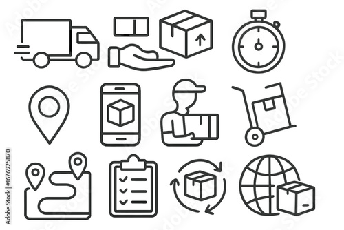 Delivery and Logistics Line Icon Set. Shipping Truck, Package, Stopwatch, Map Pin, Courier, Tracking, Hand Cart, Mobile Parcel App, Route, Checklist, Return, Global Transport. Vector Illustration.