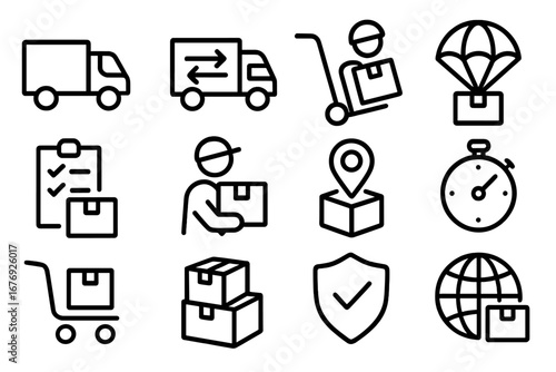 Delivery logistics transport icons. Line vector pack of courier van, shipping truck, parcel, stopwatch, checklist, global delivery, secure shipping, route, warehouse, tracking, fulfillment, e-commerce