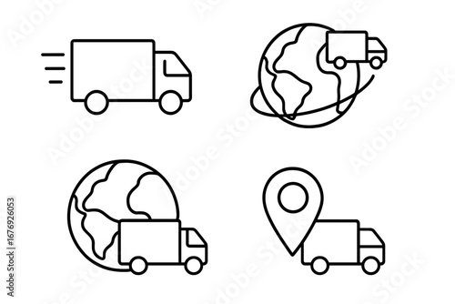Delivery and Transport Icon Set. Thin Line Vector Illustration of Delivery Truck, Worldwide Shipping, Global Logistics, Parcel Tracking, Location Pin. Perfect for Web Design, Apps, Advertisement