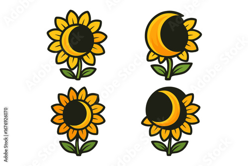 Vector set of sunflower and crescent moon logos. Celestial floral icon. Mystical nature symbol concept for a brand. Sun and moon flower cartoon illustration collection.