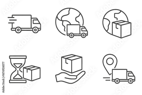 Cargo delivery logistics and transport thin line icon set. Fast shipping truck, global freight, express courier, parcel tracking, worldwide distribution service, package handling vector illustration