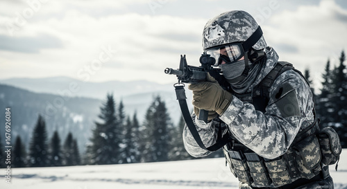Soldier aiming weapon on snowy battlefield in winter landscape, soldier in camouflage uniform. Soldier on military operation is intense and focused.