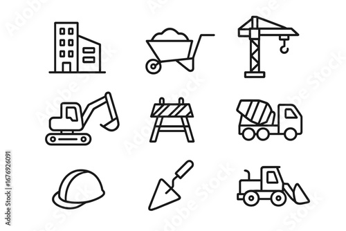 Construction Line Icons Set. Building Site Equipment, Machinery, Safety Helmet, Tools, Barriers, Concrete Mixer, Crane, Excavator, Bulldozer. Minimal Linear Stroke Vector Design Elements
