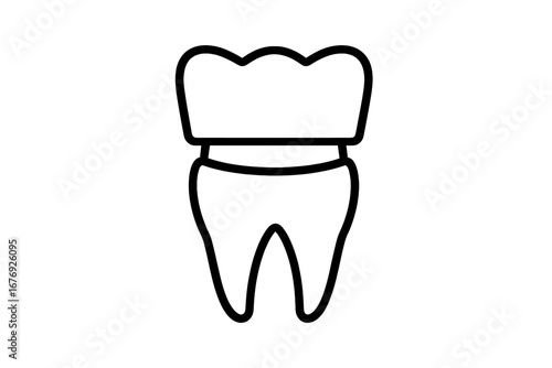 Dental crown on a tooth. Line icon. Dentistry, stomatology concept. Oral health care. Tooth restoration, treatment procedure. Medical symbol for dentist clinic. Vector logo.