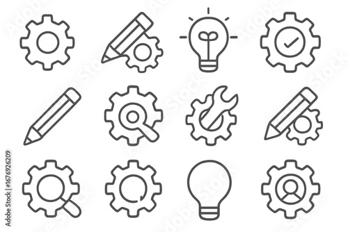 Minimalistic Gear and Pencil Outline Web Line Icons Set for Graphic Design, App UI, Banners, Social Media, Business Solutions, Creative Concepts, Idea Generation, Engineering, Innovation