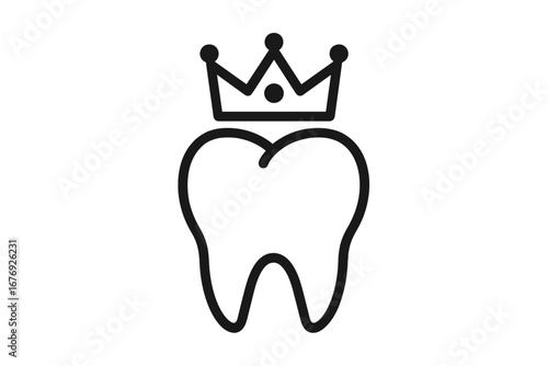 Dental crown vector line icon. Tooth with a royal crown for dentistry clinic logo. Oral care, stomatology, tooth restoration, implant, and dental treatment concept symbol.