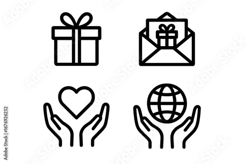 Charity and Gift Icon Pack Vector. Hands Holding Heart, Globe, Present, Mail Envelope. Donation, Kindness, Support, Giving, Global Help, Care, Volunteer, Social Responsibility Concept Design.